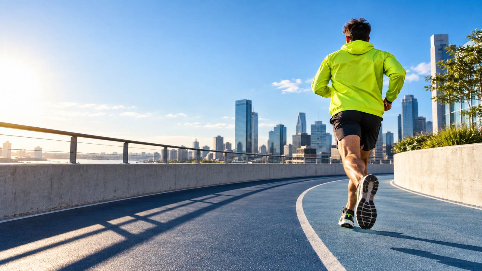 Runner crossing a sunlit rooftop track
